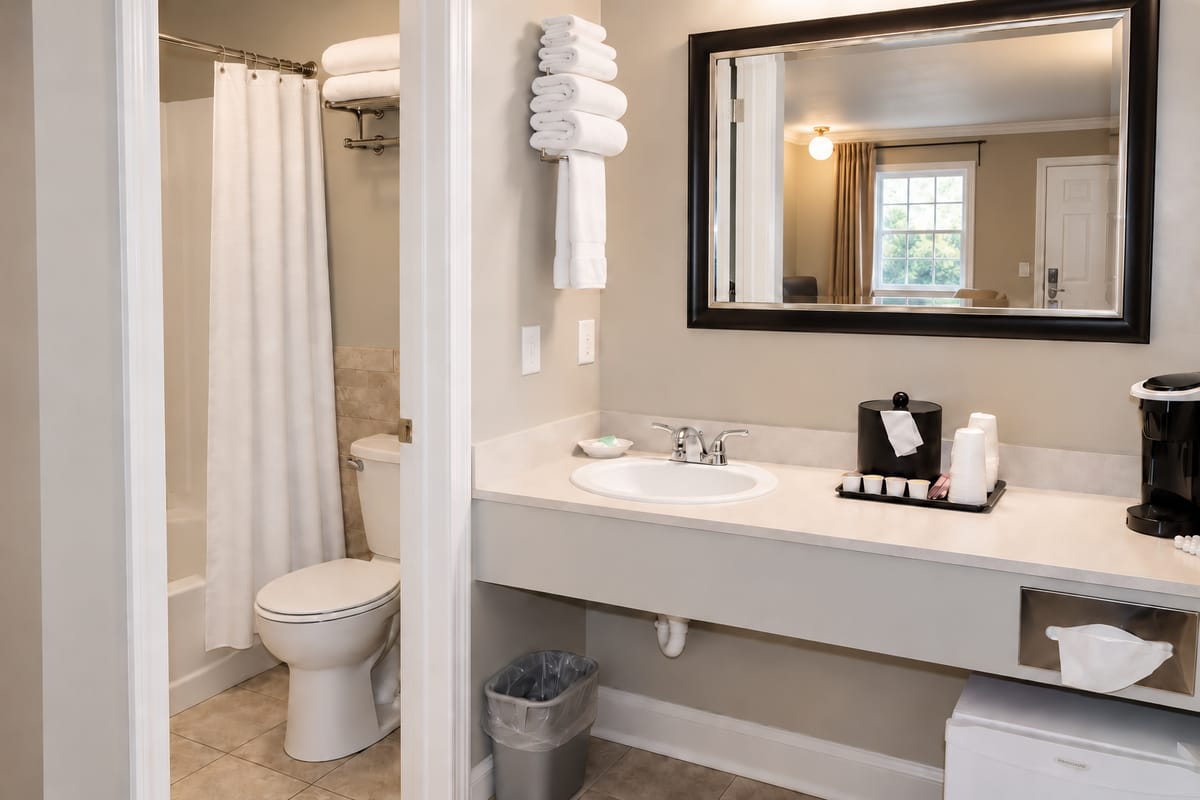 Vanity and bathroom entry