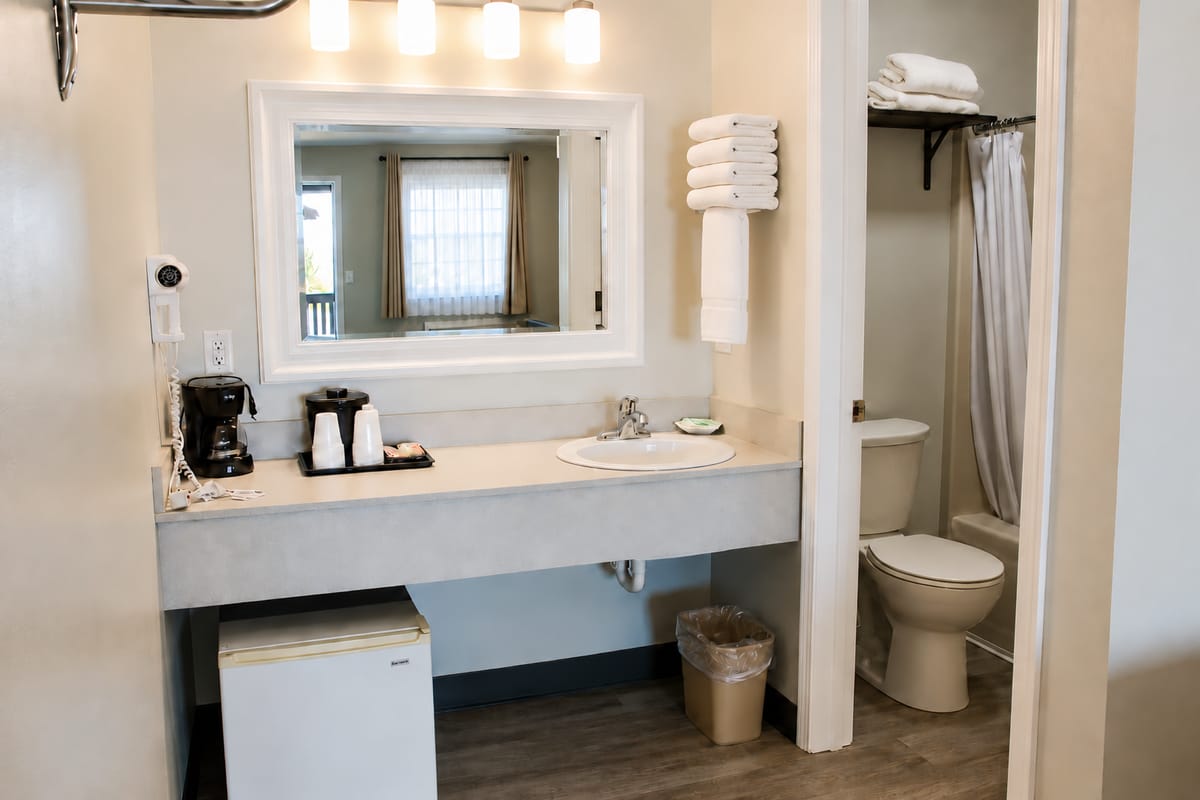 Vanity and bathroom