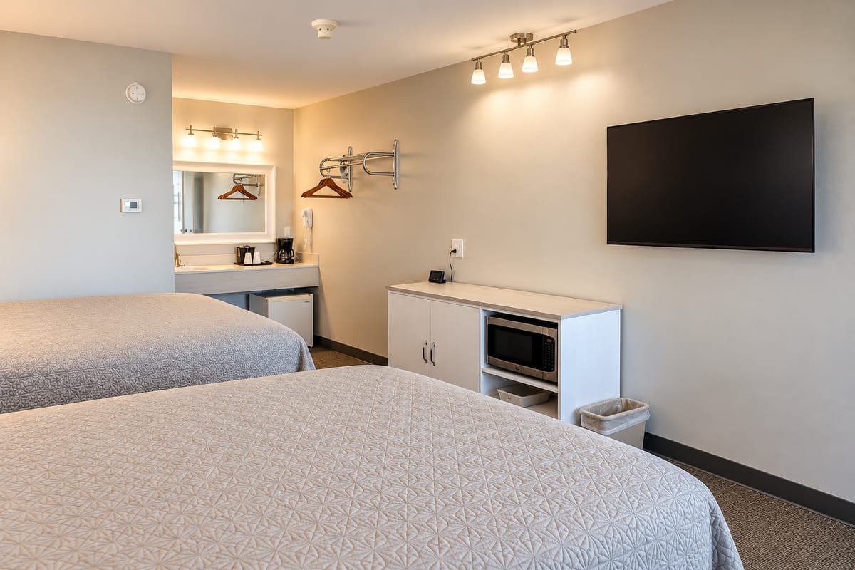 Two queen beds in a bright Berlin Village Inn guest room